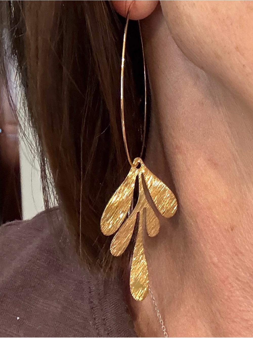 Gold Leaf Drop Hoop Earrings - Women Jewelry